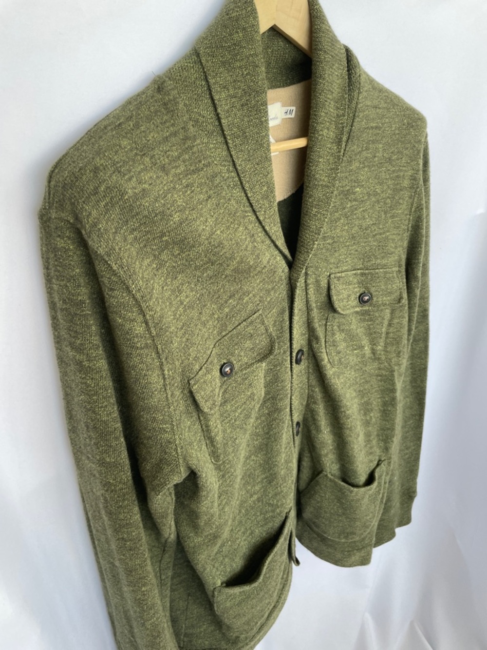 H&M Olive Green Shawl-Collar Button Cardigan Size L